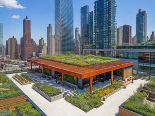 Fototapeta premium Urban Oasis Rooftop Garden Lush Greenery Amidst City Skyline