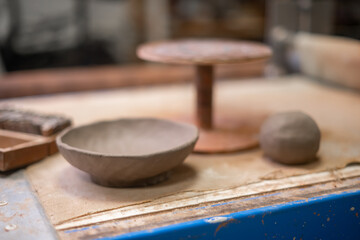 Vintage Crafting Tools for work with clay and Accessories Amidst a Rustic Table 