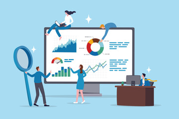 Chart and graph, datum research statistics, inforgraphic financial review, project planning diagram, business information analysis, business people help analyze data on computer monitor dashboard.
