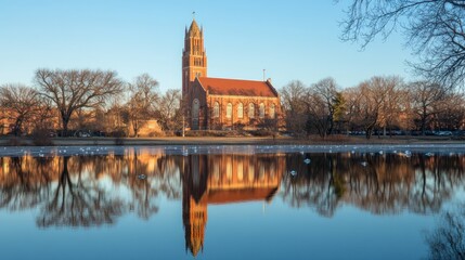 Brick church reflected in calm water, winter trees.
