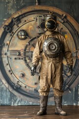 Fototapeta premium Vintage deep-sea diver in armor suit against rusty submarine hatch. Concept of Science Fiction Day