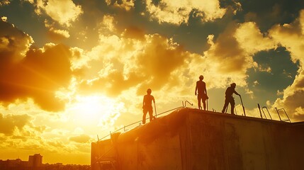 Home insulation is crucial for energy efficiency, as depicted by silhouetted figures working on a rooftop during a dramatic sunset, creating a hopeful atmosphere.