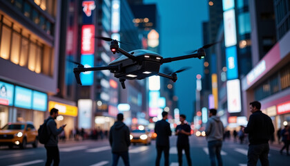 Futuristic transport soaring above an urban street at dusk with illuminated billboards and pedestrians below