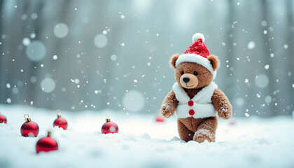 Adorable teddy bear in a festive Santa Claus hat and white vest is making his way through a snowy field