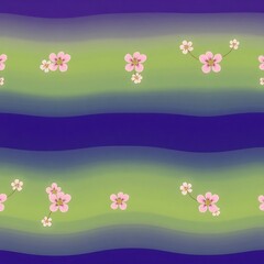 Seamless Floral Pattern with Wavy Stripes: This delicate and charming pattern features pink flowers with white centers scattered across a background of wavy green and blue stripes.
