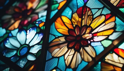 Colorful stained glass flowers as a background. 