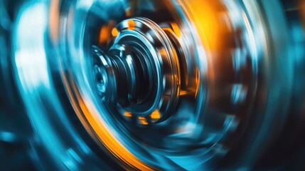 Close-up of a spinning flywheel in motion, showcasing rotational momentum and energy transfer in mechanical engineering