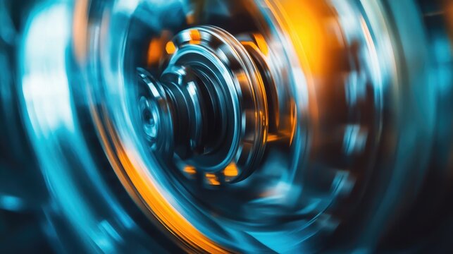 Close-up of a spinning flywheel in motion, showcasing rotational momentum and energy transfer in mechanical engineering