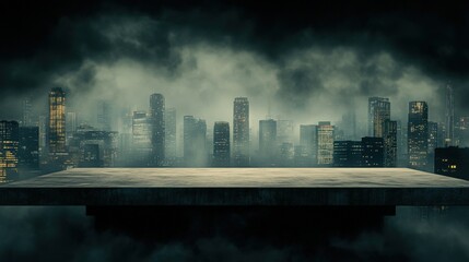 A misty urban landscape at night showcases a dramatic skyline with illuminated skyscrapers, The empty platform in the foreground offers a sense of depth