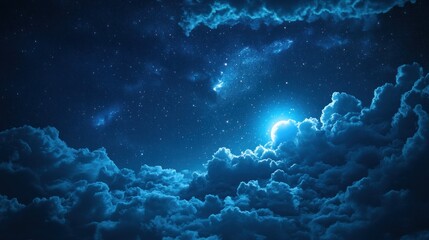 Fototapeta premium Night sky, moon, clouds, stars, dark, blue.