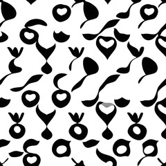 Fototapeta premium Abstract Floral Seamless Pattern: Black and white stylized floral motifs create a modern, elegant, and versatile repeating pattern. Perfect for textile design, wallpaper, packaging.