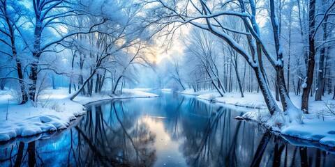 Serene Winter Wonderland Snow-Covered Trees Mirrored in a Still, Frozen River at Dawn