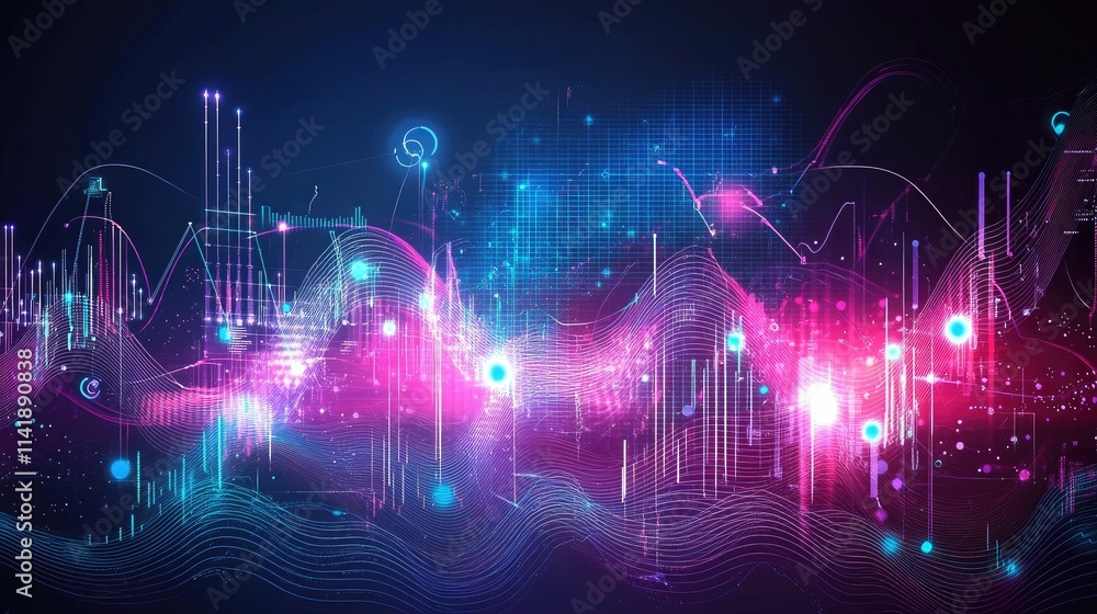 Poster Data network and processing with glowing digital lines and scopes on a dark background, showing high-tech data analysis and connectivity
