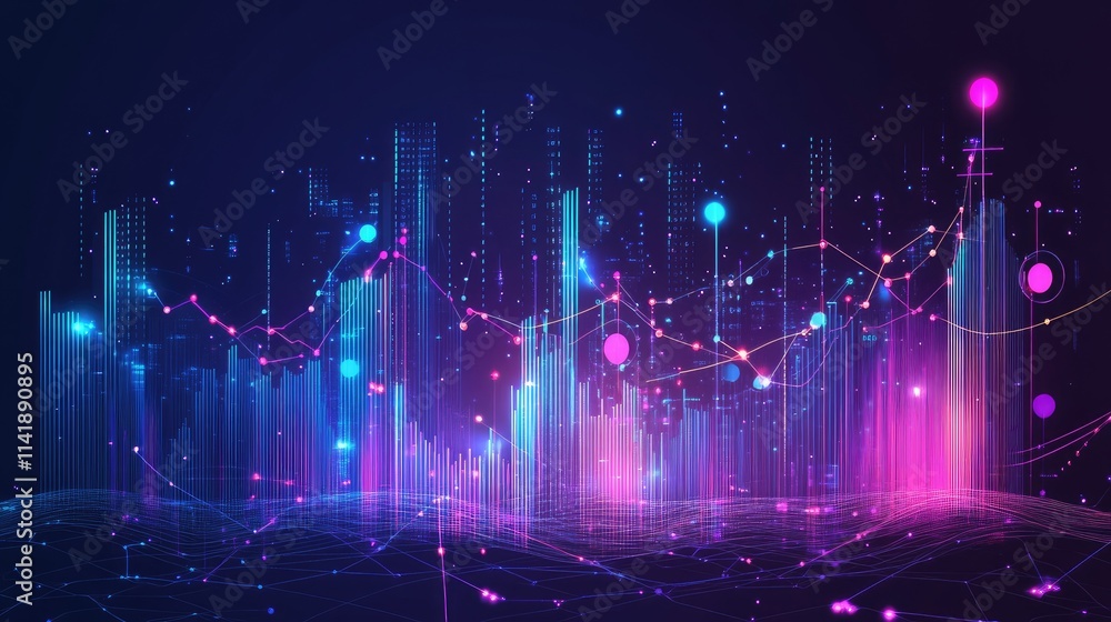 Poster Data network and processing with glowing digital lines and scopes on a dark background, showing high-tech data analysis and connectivity