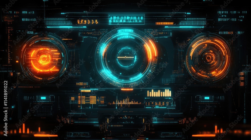 Leinwandbilder Data processing concept with digital scopes and glowing binary code, representing technology and networks against a dark backdrop