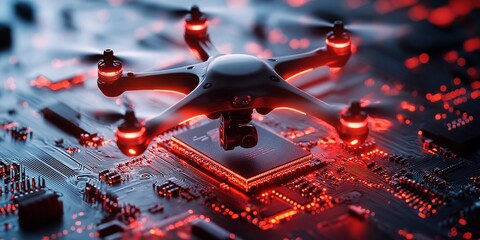 Futuristic cyberpunk technology: Blurred glowing drones hover over intelligent microchip in macro world. High-tech network illumination creates premium ambiance. Abstract marketing background with cop