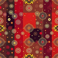 Fiery Floral Patchwork: A vibrant and dynamic seamless pattern featuring a captivating blend of fiery reds, deep browns, and warm oranges.