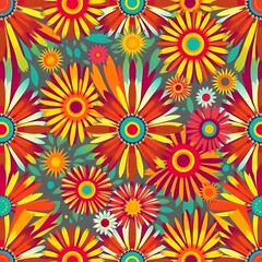 Naklejka premium Vibrant Floral Burst: A captivating pattern of bold, colorful daisies and leaves creates a dynamic and energetic visual, perfect for adding a pop of color and life to any design project. 
