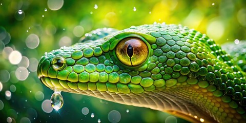 Obraz premium Macro photography reveals a green snake's head, water droplets merging in a surreal double exposure.