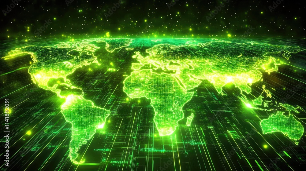 Poster Digital data flow and processing lines overlaid on a glowing world map, creating a futuristic concept of global information exchange
