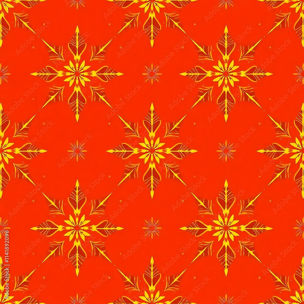 Poster red and gold festive snowflake pattern: an elegant and festive seamless pattern featuring intricate 