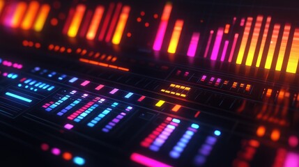 Obraz premium Digital audio equalizer in motion, with vibrant bars highlighting different sound levels, perfect for music, technology, and digital visuals