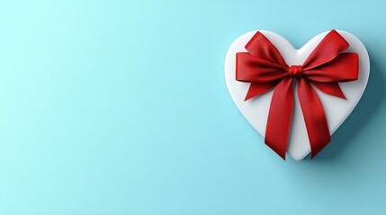 A heart-shaped box with a vivid red bow on a pastel blue background, celebrating Valentine's Day with elegance and love