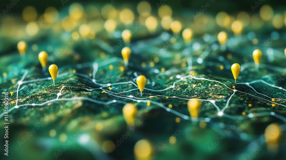 Poster digital map of rural areas with yellow location pins and white lines, providing an overview of signi