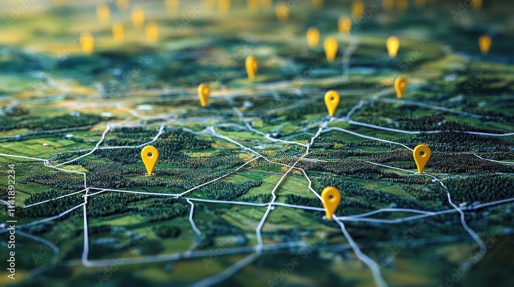 Poster digital map of rural areas with yellow location pins and white lines, providing an overview of signi