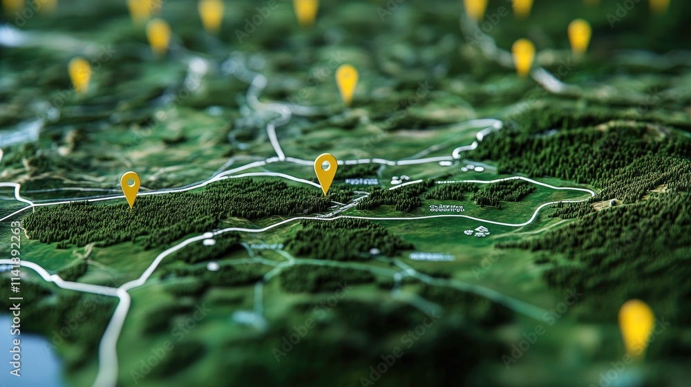 Poster digital map of rural areas with yellow location pins and white lines, providing an overview of signi
