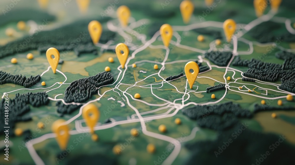 Poster Digital map of the countryside with yellow pins and white connecting lines, showing key locations and pathways in an easy-to-read style