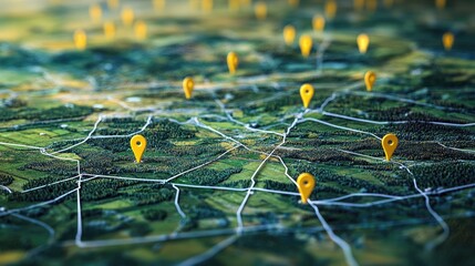 Digital map of rural areas with yellow location pins and white lines, providing an overview of significant destinations or paths across the countryside