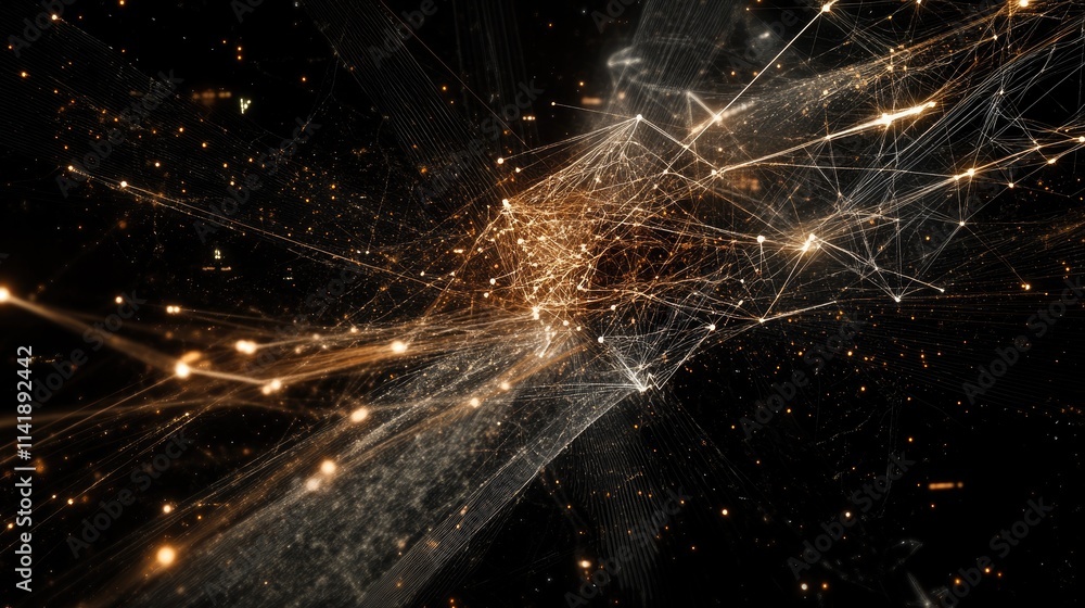 Poster Digital processing data flowing in a network, highlighted by glowing lines and scope, on a dark abstract background