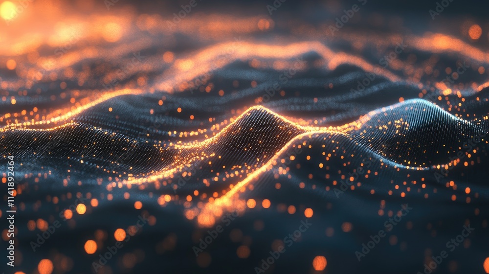Poster Digital world map with light data processing lines flowing across it, representing the seamless transfer of information in a connected world