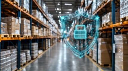 A high-tech warehouse filled with automated storage systems, with a glowing digital security shield overlaying the scene, representing advanced protection technology
