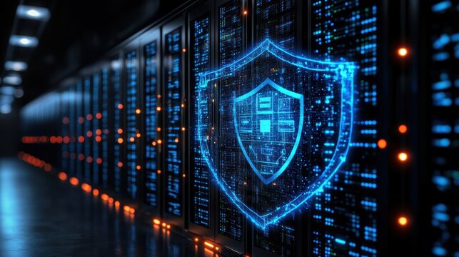 A high-tech warehouse filled with automated storage systems, with a glowing digital security shield overlaying the scene, representing advanced protection technology