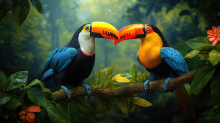 Obraz premium Vibrant Toucan and Regal Hornbill Perched on Leafy Bough in Natural Beauty