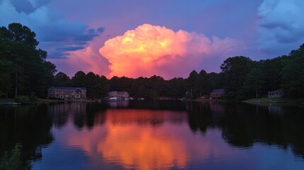 Dramatic sunset with vibrant clouds reflected in calm lake water, houses and trees lining the shore.
