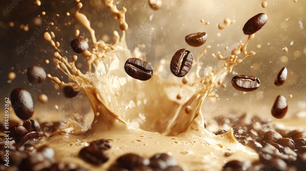 Poster Energetic motion of coffee beans and cream splashing together, capturing the dynamic movement in a high-quality coffee scene