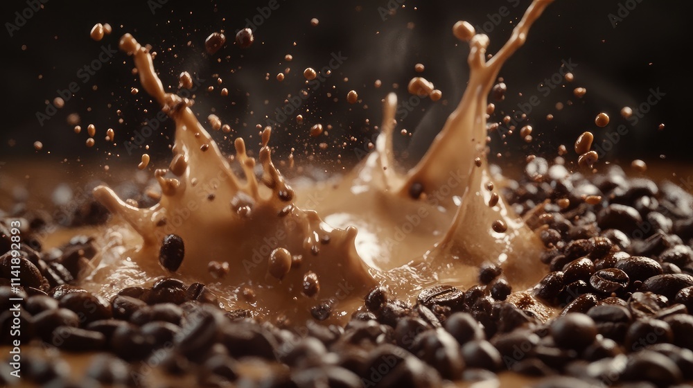 Poster Energetic motion of coffee beans and cream splashing together, capturing the dynamic movement in a high-quality coffee scene