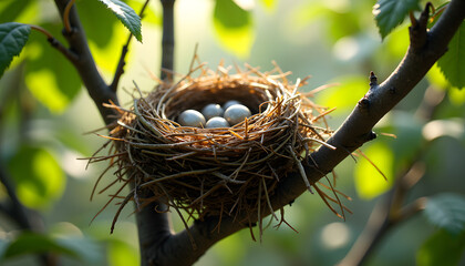 A delicate bird's nest sits precariously on a branch, its twigs and blades of grass intertwined in an intricate pattern