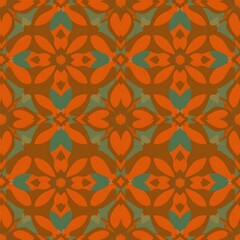 Fototapeta premium Intricate Floral Pattern: A captivating seamless pattern featuring an abstract design of stylized floral motifs in shades of orange and green, creating a vibrant and eye-catching texture. 