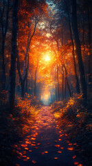 Enchanting Sunrise Through Autumn Forest Pathway Illuminating Nature's Majesty