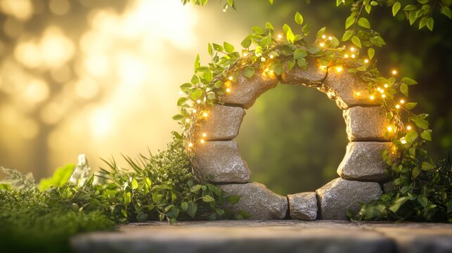 A serene stone arch adorned with green leaves and warm lights, set against a softly blurred natural background, Ideal for themes of nature, tranquility, gardens, or outdoor events,