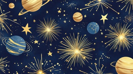 Naklejka premium Golden fireworks and planets on a dark blue night sky background.