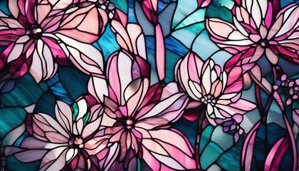 Pink and blue stained glass flowers as a background. 