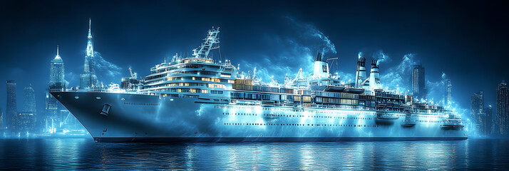 Futuristic luxury cruise ship glowing with bright blue lights against a modern city skyline at night, symbolizing technology, travel, luxury, and innovation in maritime design