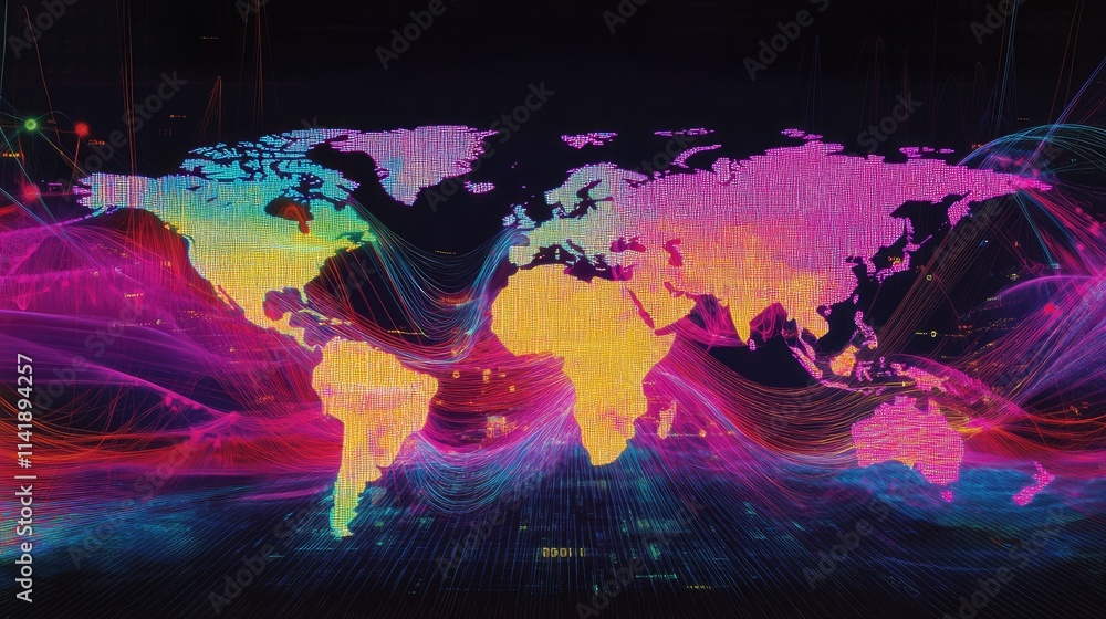 Aufkleber High-tech image of digital data processing lines over a world map in neon hues on a black background, symbolizing global connectivity