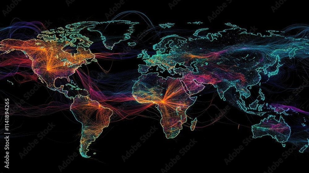 Poster High-tech image of digital data processing lines over a world map in neon hues on a black background, symbolizing global connectivity