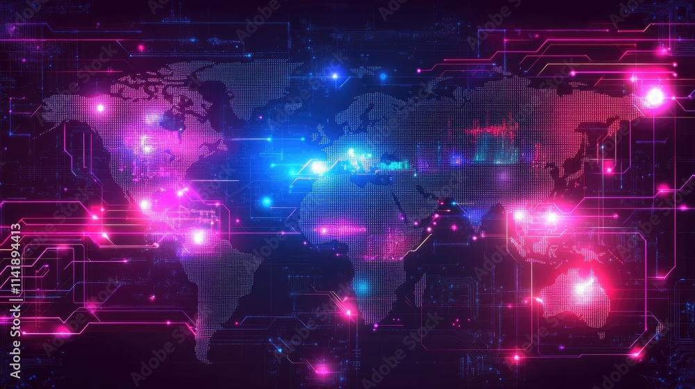 Poster High-tech world map with digital data processing and neon lines, symbolizing global data exchange and modern technology